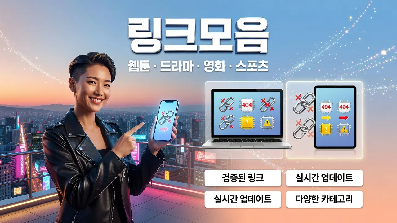링크모음 반복실패 증상 분류 포스터, 오류 코드별 원인과 확인 순서 안내, 여성과 스마트폰 이미지.